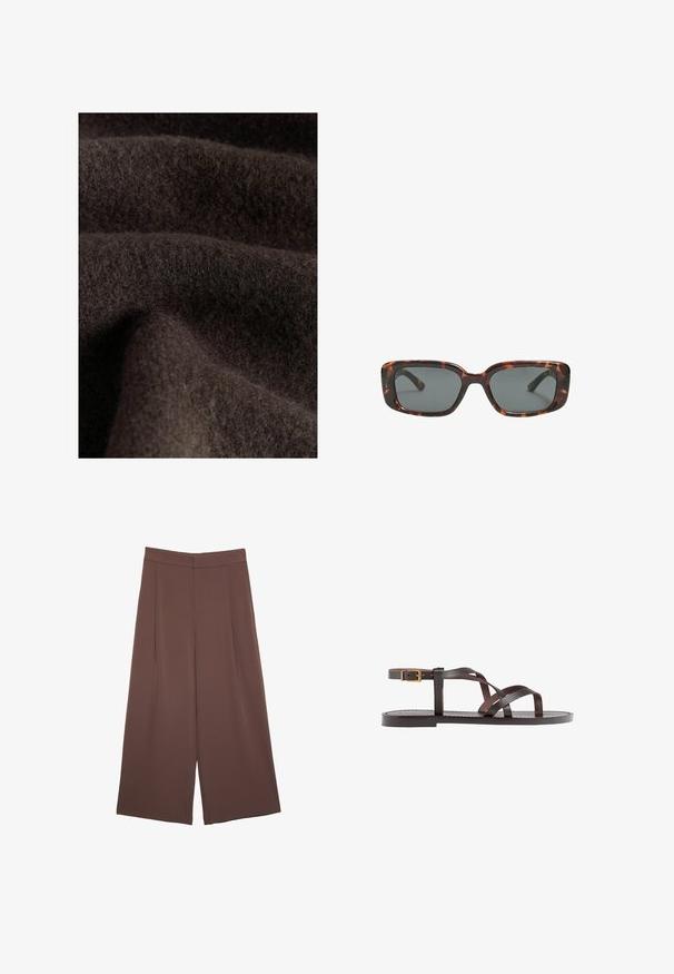 Dunkelbrauer Stoff mit einer weichen, flauschigen Textur, die subtile Variationen in Farbton und Tiefe aufweist, was auf Wolle oder ein ähnliches Material hinweist.; Braunes, kurzärmliges T-Shirt aus weichem Material mit rundem Halsausschnitt und lockerer Passform. Keine sichtbaren Muster oder Akzente.; Braune Weite-Leg-Hosen mit einer glatten Textur, hoher Taille und Vorderfalten. Der Stoff ist leicht und fällt locker.; Braune Leder-Sandale mit überkreuzten Riemen, einem Knöchelriemen mit Schnalle und einer flachen Sohle mit minimalen Nähdetails.; Sonnenbrille im Schildpatt-Design mit rechteckigen Gläsern, dicken Rahmen und dunkelgetönten Gläsern. Glatte Textur und minimalistisches Design.