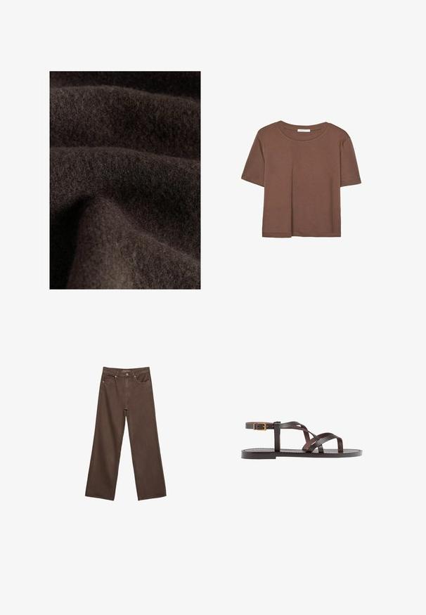 Mørkebrunt stof med en blød, fuzzy tekstur, der viser subtile variationer i skygge og dybde, som er typiske for uld eller lignende materiale.; Brun kortærmet t-shirt lavet af blødt stof, med rund halsudskæring og afslappet pasform. Ingen synlige mønstre eller detaljer.; Bredde ben brun denim jeans med høj talje, forlommer og klassisk knaplukning. Glat tekstur med diskret syninger.; Brune lædersandal med krydsende stropper, ankelspænde og en flad sål med minimale syninger.