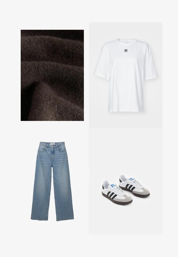 Mørkebrunt stof med en blød, fuzzy tekstur, der viser subtile variationer i skygge og dybde, som er typiske for uld eller lignende materiale.; Hvid kortærmet t-shirt lavet af bomuld. Har en rund halsudskæring og et lille sort Adidas-logo på brystet. Lige skåret kant.; Lys blå vidde jeans lavet af denim. Har høj talje, fem lommer og lige pasform med minimal fading.; Sportsko med en overdel i hvid læder, grå ruskind på tåen og tre sorte striber. Har et blåt logo på tungen og en struktureret gummisål.