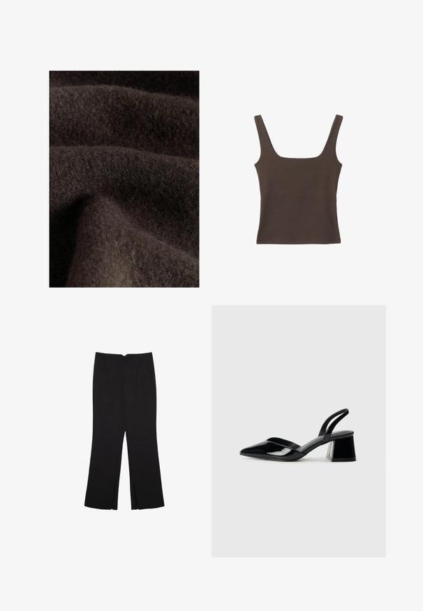 Dunkelbrauer Stoff mit einer weichen, flauschigen Textur, die subtile Variationen in Farbton und Tiefe aufweist, was auf Wolle oder ein ähnliches Material hinweist.; Braunes ärmelloses Oberteil mit quadratischem Ausschnitt, aus weichem, dehnbarem Stoff gefertigt. Verfügt über ein figurbetontes Design und flache Nähte.; Schwarze Hose mit geradem Schnitt, ausgestattet mit Fronttaschen und Seitenschlitzen am Saum. Hergestellt aus weichem, glattem Stoff. Geeignet für verschiedene Anlässe.; Schwarze Lackleder-Slingback-High Heels mit spitzem Schuh und einem geometrischen Blockabsatz. Verfügt über ein schlankes, minimalistisches Design und eine glatte Textur.