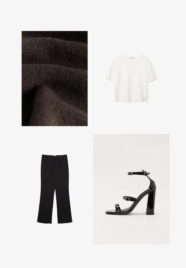 Tamno smeđi materijal s mekom, dlačastom teksturom, koji pokazuje suptilne varijacije u nijansi i dubini, što ukazuje na vunu ili sličan materijal.; Bijela majica kratkih rukava od pamuka. Ima okrugli izrez i opušteni kroj. Glatka tekstura bez vidljivih uzoraka ili naglasaka.; Crne hlače ravnog kroja, s prednjim džepovima i bočnim prorezima na rubu. Izrađene od mekog i glatkog materijala. Pogodne za razne prigode.; Crne lakirane sandale na pete sa kvadratnim nosom, trakama oko gležnja i srebrnim kopčama. Imaju čvrst blok petu za stabilnost.