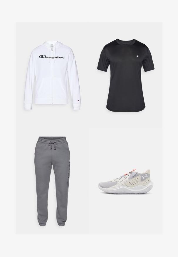 Hvid zip-hoodie lavet af blødt stof, med et sort "Champion" logo på brystet, kængurulommer og ribbede manchetter.; Sort kortærmet træningsskjorte lavet af struktureret, åndbart stof; har en rund halsudskæring og logo på venstre bryst.; Champion ICONS TONAL CUFF LARGE LOGO - Træningsbukser - foggy; Lys grå atletiksko med mesh-overdel, hvid mellemsål og struktureret ydersål. Har røde snørebåndsdetaljer og perforerede sidepaneler.