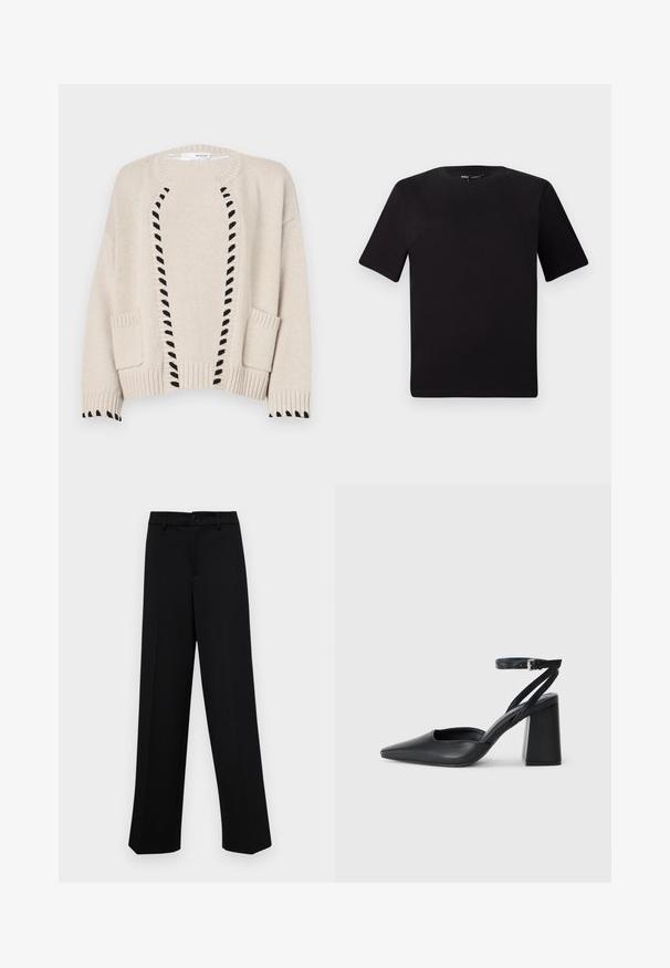 Beige gestrickter Pullover mit schwarzem Dekostich entlang der Vorderseite, gerippten Bündchen und zwei aufgesetzten Taschen vorne.; Schwarzes T-Shirt mit kurzen Ärmeln und Rundhalsausschnitt, aus weichem Baumwollmaterial gefertigt. Schlichtes Design, keine sichtbaren Logos oder Muster.; Schwarze, weit geschnittene Hosen aus glattem Stoff, mit einem klassischen Taillenbund und einem Knopfverschluss sowie vorderen Falten.; Schwarze Leder-Pumps mit spitzer Zehe, einem Knöchelriemen und einem blockigen Absatz. Flache Textur, elegantes Design und minimalistische Ästhetik.
