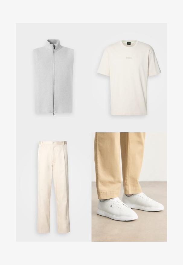 Világosszürke, ujjatlan mellény magas gallérral, elülső cipzárral és sima kötött textúrával. Egyszerű dizájn, további minták vagy kiegészítők nélkül.; BOSS TEE - Basic póló - open white; Beige pamut nadrág egyenes szárú kivágással, gombos záródással és elülső redőkkel a részletek fokozása érdekében.; Fehér bőr sportcipők sima felülettel, kerek orral, fűzős kivitelben, oldalt diszkrét logóval, bézs nadrággal párosítva.