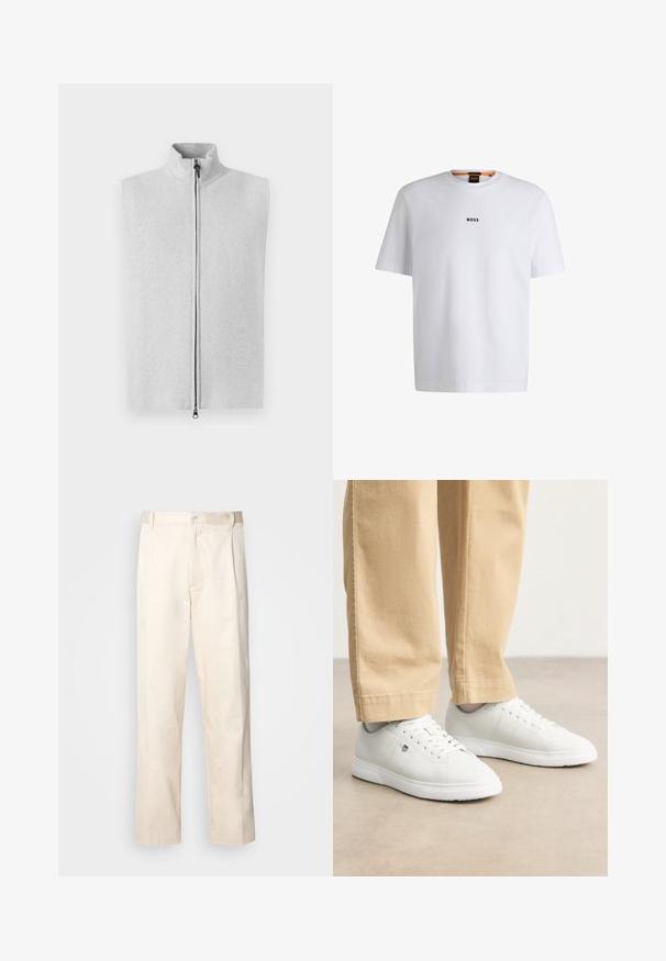 Svetlošedá bezrukávová vesta s vysokým golierom, predným zipsom a hladkou pletenou textúrou. Jednoduchý dizajn, bez ďalších vzorov alebo akcentov.; Biela bavlnená tričko s krátkymi rukávmi, na prednej strane so stredne umiestneným čiernym logom "BOSS" a okrúhlym výstrihom.; Béžové bavlnené nohavice so strihom rovného nohu, s gombíkovým zapínaním a záhybmi vpredu pre pridanie detailu.; Biele kožené tenisky s hladkým povrchom, s okrúlym špičkou, šnurovaním a jemným logom na boku, skombinované s béžovými nohavicami.