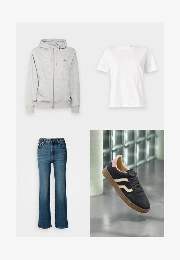GANT SHIELD ZIP - Sudadera con cremallera - light grey melange; Camiseta de algodón blanca de manga corta, con cuello redondo y un corte relajado. Textura suave, sin patrones ni acentos, diseño minimalista.; Jeans de tiro alto en azul, confeccionados en denim, con un diseño de pierna recta, un ligero desvanecido y un cierre estándar de botón y cremallera.; Zapatillas de cuero azul marino con rayas crema, detalles en rosa en el talón y una suela de goma texturada en color marrón claro. Diseño clásico de perfil bajo.