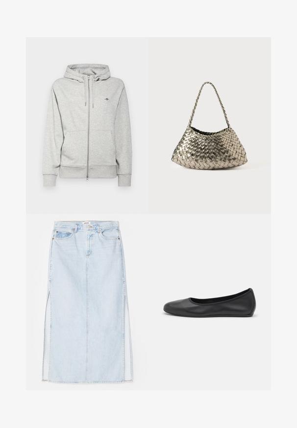 GANT SHIELD ZIP - Zip-up sweatshirt - light grey melange; White cotton t-shirt with a crew neckline and short sleeves, featuring a relaxed fit and minimalistic design. Tag visible at the neck.; Light blue denim maxi skirt with a straight cut, featuring side slits and five-pocket design. Prominent stitching and metal button closure.; Black leather ballet flat with a rounded toe, smooth texture, minimal stitching detail, and a flexible sole design.; Metallic woven handbag with a triangular shape, featuring a braided strap and a velvet-lined interior. Color: silver. Texture: smooth and fabric-like.