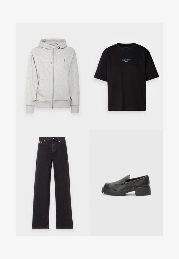 GANT SHIELD ZIP - Mikina so zipsom - light grey melange; Čierne bavlnené tričko s okrúhlym výstrihom, krátkymi rukávmi a modrým vyšívaným logom "Calvin Klein JEANS" na prednej strane.; Čierne široké džínsy vyrobené z denimu, s vysokým pásom, piatimi vreckami a kovovým zapínaním s kontrastným šitím.; Čierne kožené mokasíny s okrúhlou špičkou, hrubou textúrovanou podrážkou a minimom stehovej výzdoby. Štíhly dizajn bez viditeľných šnúr alebo kovania.