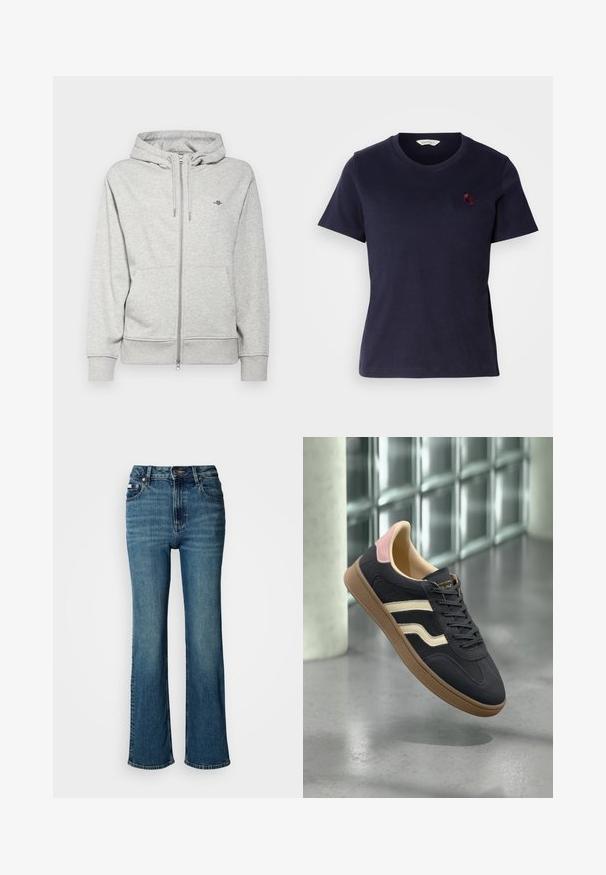 GANT SHIELD ZIP - Majica s kapuljačom i patentnim zatvaračem - light grey melange; Tamno plava pamučna majica s V izrezom, kratkim rukavima i malim bordo izvezenim logotipom na prsima. Mekana tekstura.; Traperice viskog struka u plavoj boji, s ravnim nogavicama, blagim izbljeđivanjem, te standardnim dugmetom i zatvaračem.; Mornarsko plave kožne tenisice s kremastim prugama, ružičastim naglascima na peti i teksturiranom smeškom gumenom potplatom. Klasični nisko-top dizajn.