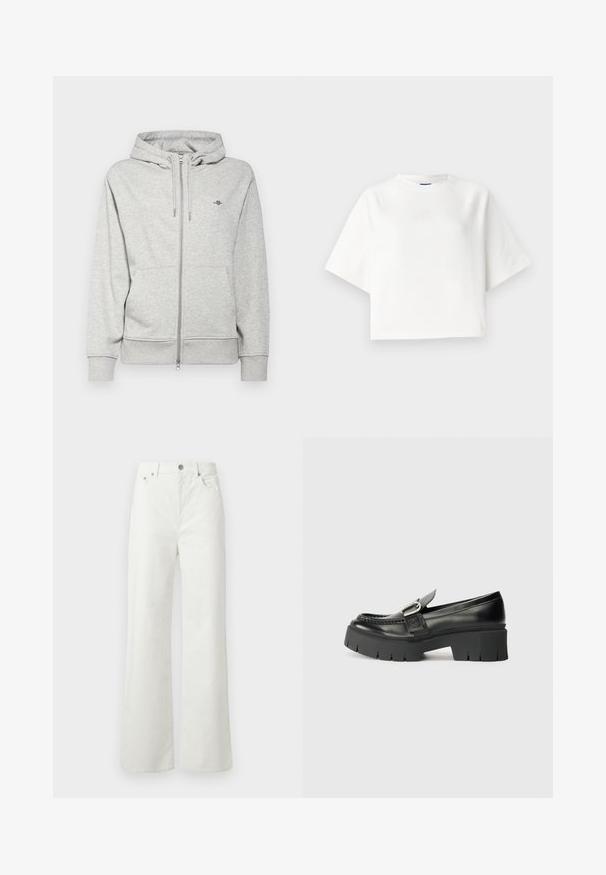 GANT SHIELD ZIP - Zip-up sweatshirt - light grey melange; White oversized t-shirt with short raglan sleeves, made of soft fabric. Features a subtle logo on the chest and a round neckline.; Samsøe Samsøe SHELLY - Relaxed fit jeans - clear cream; Black leather loafers with a chunky rubber sole. Features a buckle accent and stitched detailing along the upper. Flat heel.
