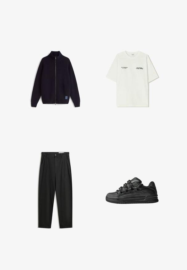 Maglione in maglia blu navy scuro con cerniera, collo alto, trama diagonale a costine e piccolo patch con logo blu sulla parte anteriore inferiore.; T-shirt bianco in cotone con maniche corte. La parte anteriore presenta testo nero: "NON DOMANI NON OGGI" e "L'ARTE DEL MUOVERE LA POLVERE" in corsivo verde.; Pantaloni in cotone neri con una vestibilità rilassata, dotati di una vita classica, pieghe frontali e tasche laterali. Tessuto liscio senza fantasie.; Sneaker nere con una toma in pelle liscia, dettagli testurizzati e lacci tondi neri e bianchi. Suola spessa in gomma con battistrada gommato.