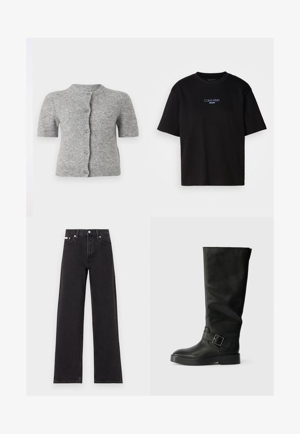 Korte mouwen, lichtgrijze cardigan van zachte stof, met een ronde halslijn, knoopsluiting en ribbeldetails aan de onderkant en mouwen.; Zwart katoenen T-shirt met ronde hals, korte mouwen en blauw geborduurd "Calvin Klein JEANS" logo op de voorkant.; Zwarte wijde spijkerbroeken van denim, met een hoge taille, vijf-pocket stijl en een metalen knoopsluiting met contrasterende stiksels.; Zwarte kniehoge laarzen van glad leer, met een ronde neus, een dikke zool en een horizontale band met een rechthoekige gesp.
