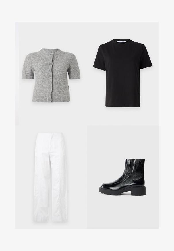 Cardigã de manga curta, cinza claro, feito de um tecido macio, com decote redondo, fecho com botões e detalhes canelados na bainha e nas mangas.; T-shirt preto de manga curta feito de algodão suave, com decote redondo, ajuste descontraído e uma textura suave. Sem padrões ou gráficos visíveis.; Calças brancas de perna larga feitas de um tecido leve, com uma textura suave, linhas limpas e um design de cintura alta.; Botas de tornozelo pretas com acabamento em pele envernizada brilhante, sola de borracha preta robusta e salto elevado; inclui um detalhe discreto do logótipo na lateral.
