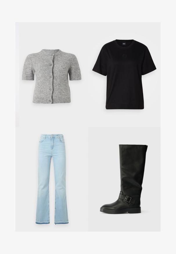 Korte mouwen, lichtgrijze cardigan van zachte stof, met een ronde halslijn, knoopsluiting en ribbeldetails aan de onderkant en mouwen.; Zwarte katoenen t-shirt met een ronde hals, korte mouwen en een geborduurd logo op de borst. Eenvoudige, comfortabele pasvorm zonder patronen.; Lichtblauwe klokbroeken van denim, met een hoge taille, voorzakken en een ruwe zoom bij de boorden voor een casual uitstraling.; Zwarte kniehoge laarzen van glad leer, met een ronde neus, een dikke zool en een horizontale band met een rechthoekige gesp.