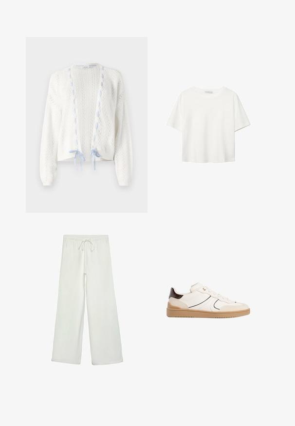 Valkoinen neulottu neuletakki, jossa on herringbone-kuvio, ja vaaleansinisiä yksityiskohtia sekä nauhat edessä. Pitkät hihat ja avoin etuosa.; Valkoinen lyhythihainen T-paita, joka on tehty puuvillasta. Siinä on pyöreä kaula-aukko ja rento malli. Silkkinen pinta ilman näkyviä kuvioita tai koristeita.; Valkoiset leveälahkeiset housut pehmeästä kankaasta. Varustettu joustavalla vyötäröllä ja nyörillä sekä sileällä pinnalla. Ei näkyviä kuvioita tai tarvikkeita.; Stradivarius Matalavartiset tennarit - white