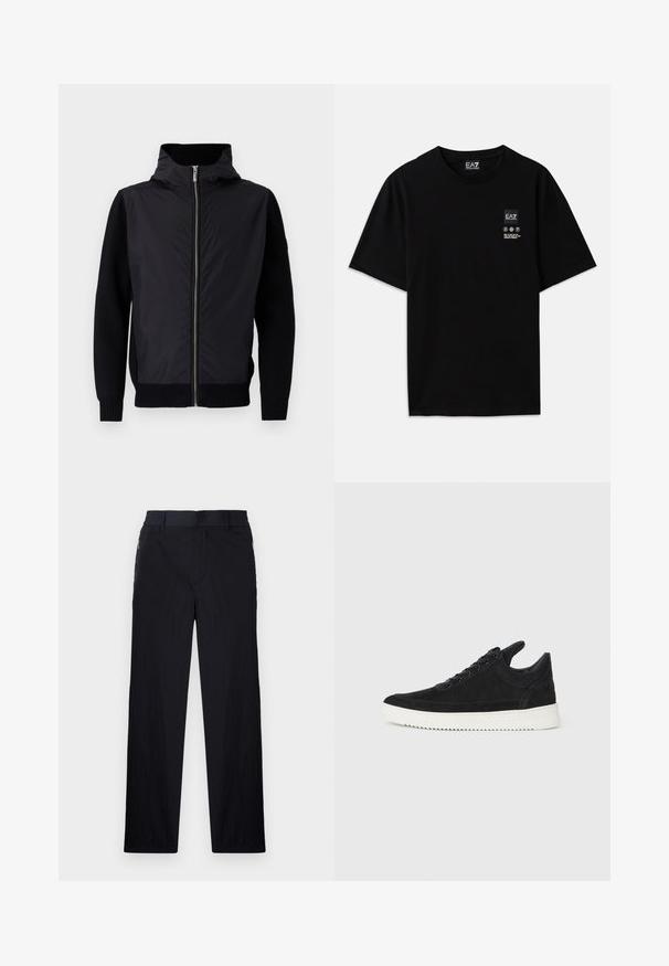 Črna jakna z zadrgo spredaj, visokim ovratnikom in mešanimi materiali: gladkim zgornjim delom ter rebrastimi pleteninami na rokavih in ob robu.; Črna bombažna majica s kratkimi rokavi, okroglim izrezom in majhnim logotipom spredaj, ki vključuje simbole za nego v beli barvi.; Črne hlače iz lahke, teksturirane tkanine, ravne noge, elastičen pas in stranski žepki na zadrgo.; Črne semiš športne copate z belo gumijasto podplatom, ki imajo toneče šive in vezalni dizajn. Gladka tekstura z modernim, poenoteno oblikovano silhueto.