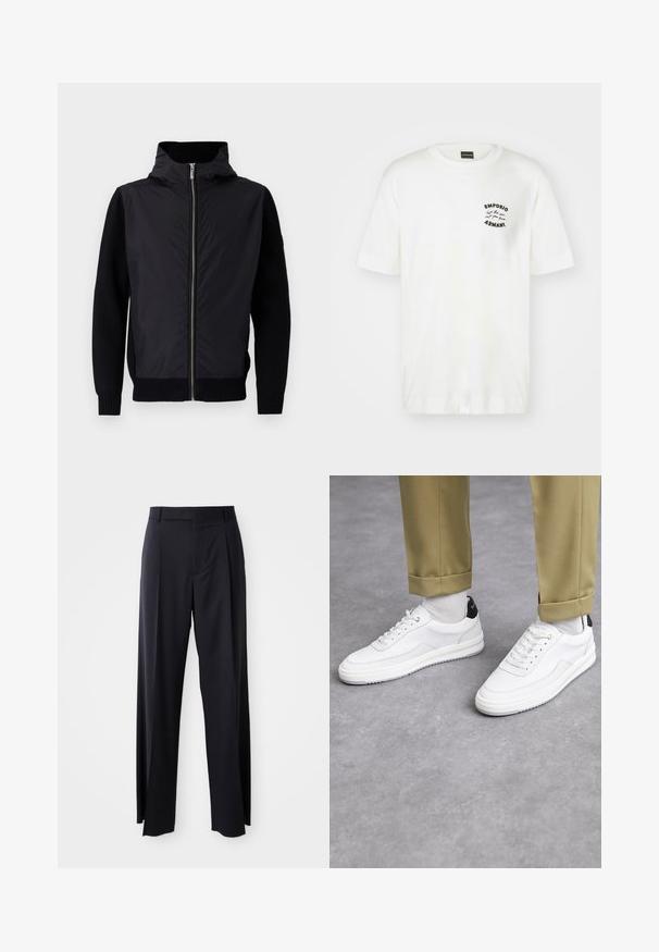 Giacca nera con chiusura a zip frontale, colletto alto e materiali misti: parte superiore liscia e maniche e orlo a costine.; T-shirt bianca in cotone con collo rotondo e maniche corte. Presenta un logo ricamato nero sul lato sinistro del petto. Texture liscia.; Pantaloni neri a vita alta con gamba larga, realizzati in tessuto liscio. Presentano pieghe frontali e passanti per cintura. Design minimalista, senza hardware visibile.; Sneaker bianchi con finitura in pelle testurizzata, punta arrotondata e accentuazione nera sul tallone. Suola in gomma con piccolo motivo di battistrada e dettagli cuciti.