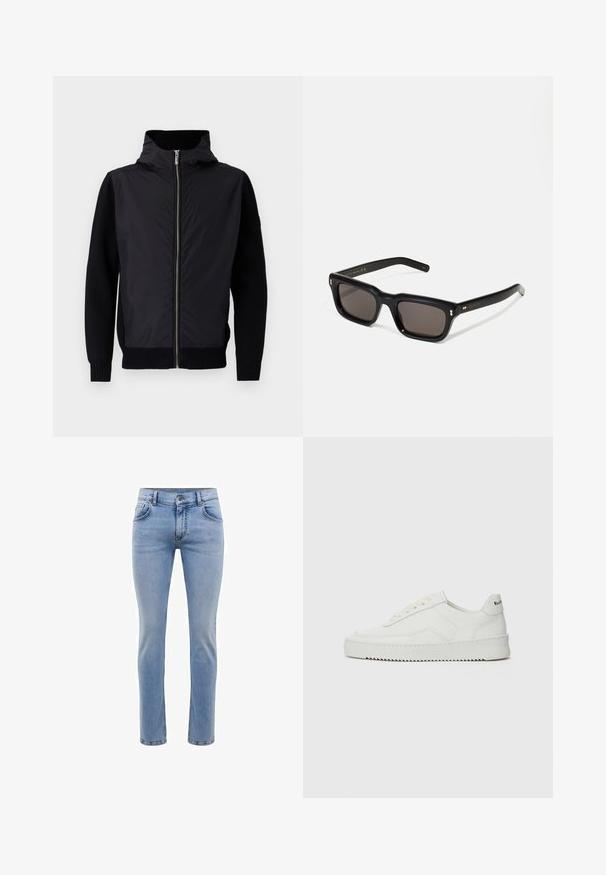 Black jacket featuring a zip front, a high collar, and mixed materials: smooth upper and ribbed knit sleeves and hem.; Black cotton T-shirt featuring a round neckline, short sleeves, and "EMPORIO ARMANI" logo in white above "Milano" in a curved design.; Light blue denim jeans with a slim fit, five pockets, and a straight leg design. Features a zipper fly and belt loops. Soft texture.; White leather sneaker with a smooth finish, round toe, flat laces, and a textured sole. Features a subtle logo on the heel.; Black rectangular sunglasses with dark lenses, thick plastic frame, gold accents on temples, and brand logo engraved on the arm.