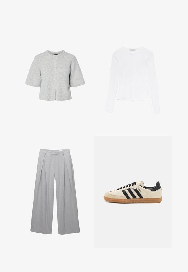 Šedý krátký kardigan z žíhané tkaniny s kulatým výstřihem, krátkými rukávy a zapínáním na knoflíky vpředu.; Bílé tričko s dlouhým rukávem a kulatým výstřihem. Disponuje přiléhavým střihem, hladkým textilním povrchem a mírně zkráceným lemem.; Světle šedé kalhoty s širokými nohavicemi, vyrobené z texturované tkaniny, se záhyby vpředu, poutky na opasek a upraveným pasem. Bez viditelných zapínání.; Beige sportovní obuv s černými pruhy, gumovou podešví a černými akcenty. Disponuje hladkým koženým svrškem a zaobleným tvarem špičky.