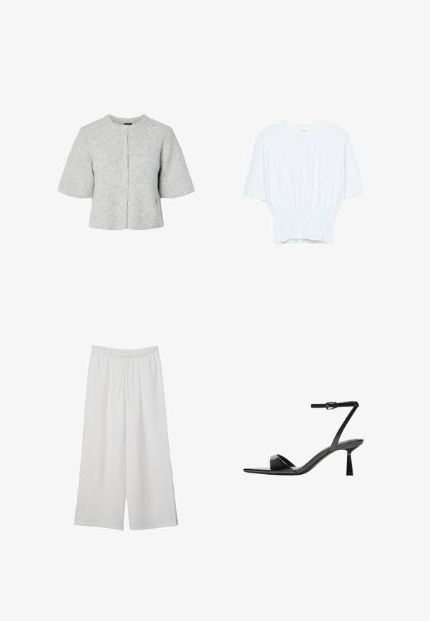 Grå kort kofta i ribbad tyg, med rund halsringning, korta ärmar och knäppning framtill.; Vit kortärmad t-shirt med avslappnad passform och smockad textur vid midjan. Tillverkad av mjukt, lätt material.; Vita vida byxor i lätt tyg med elastisk midja och dragsko för justerbar passform. Mjuk textur.; Bershka Sandaletter - black