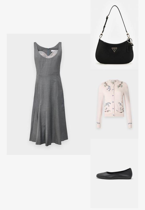 Paul & Joe MAUPASSANT - Cardigan - nude; Gray sleeveless dress with a scoop neckline, flared skirt, and a concealed back zipper. Made of textured fabric with a smooth lining.; Black leather ballet flat with a rounded toe, smooth texture, minimal stitching detail, and a flexible sole design.; Black synthetic shoulder bag with a curved silhouette, textured finish, gold triangle logo, and detachable hardware accents.