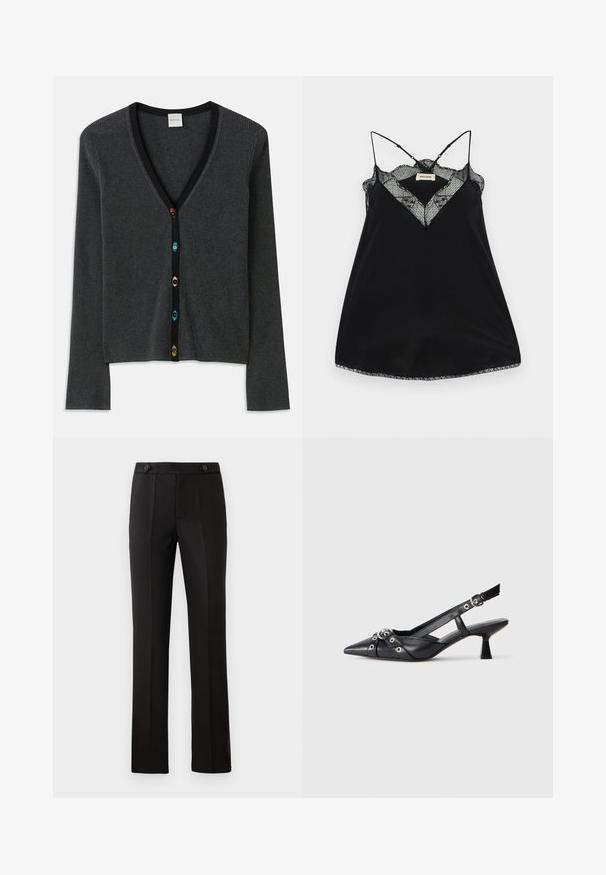 Cardigan gri cu dungi, cu decolteu adânc în V, mâneci lungi și margini negre. Prezintă nasturi în formă de floare colorată pe toată lungimea frontului.; Camisolă neagră cu bretele ajustabile, featuring un decolteu din dantelă adânc și margini ondulate. Material neted cu un ușor luciu.; Pantaloni negri croiți, cu un croi drept, două buzunare frontale, închidere cu nasture și detalii cu pliuri în față. Textură de țesătură netedă.; Pantofii slingback din piele neagră, cu vârful ascuțit, curele decorative cu ochiuri din metal și toc bloc mic. Suprafață texturată.