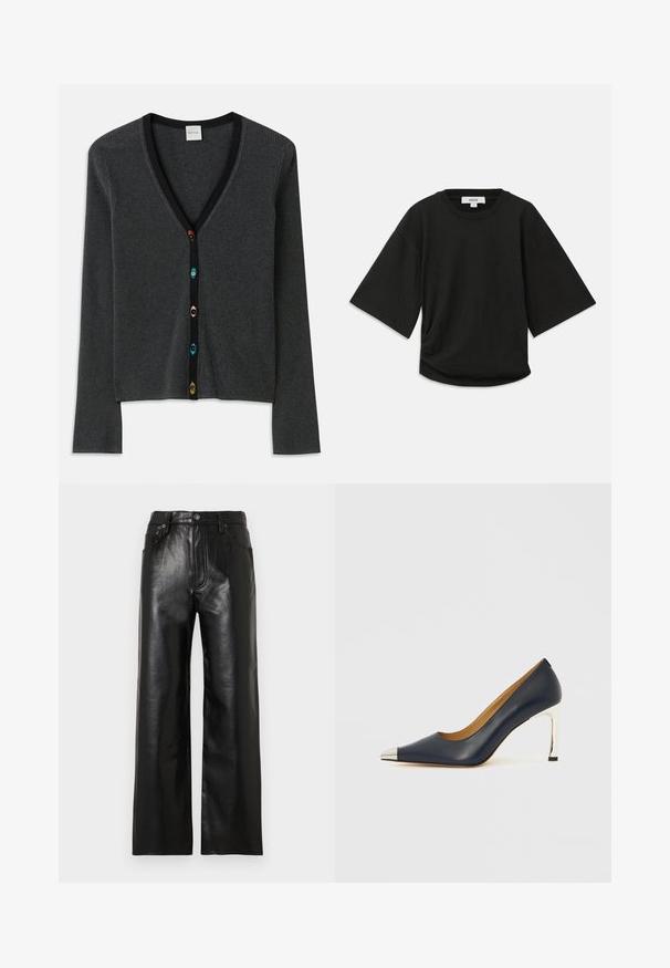 Cardigã cinza com nervuras, decote em V profundo, mangas longas e acabamento preto. Apresenta botões coloridos em forma de flor ao longo da parte frontal.; Camiseta preta de manga curta feita de algodão macio, com decote redondo e um corte descontraído, apresentando um detalhe ligeiramente franzido na lateral.; Calças de pele pretas de perna larga com acabamento lustroso, apresentando bolsos frontais, fecho de correr e botão. Textura lisa em toda a peça.; Sapato elegante de salto alto em couro azul marinho com bico fino, apresentando uma ponta metálica prateada e um salto stiletto prateado brilhante.