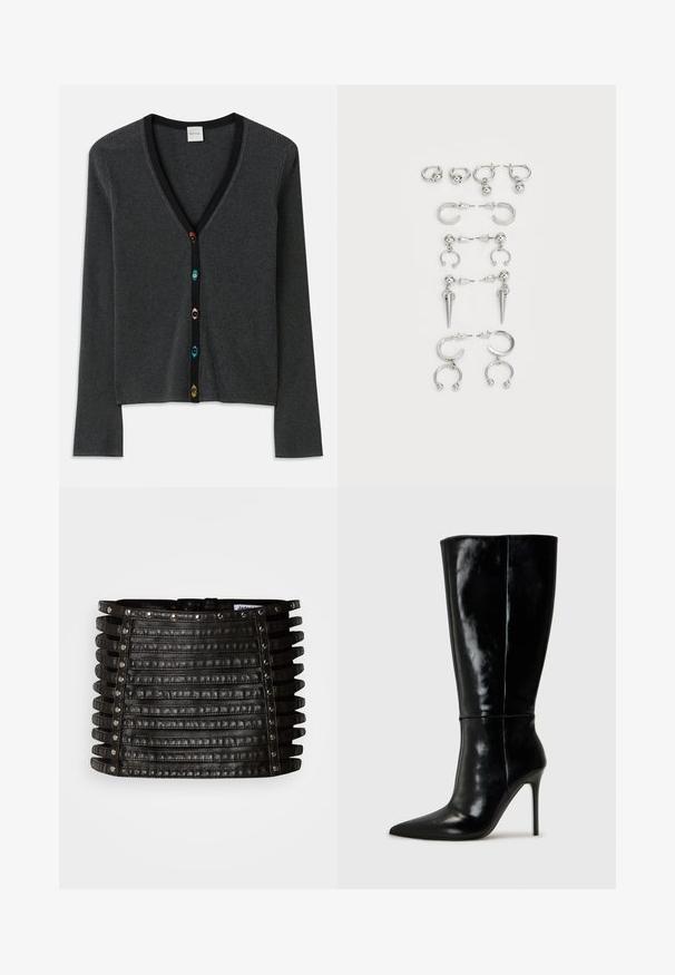 Grijze geribde cardigan met een diepe V-hals, lange mouwen en zwarte accentui. Heeft kleurrijke, bloemvormige knopen aan de voorkant.; Zwarte T-shirt met korte mouwen en een ronde onderkant, voorzien van raglanmouwen. Kenmerkt zich door versierde "Juicy"-tekst in strass-steentjes op de voorkant.; Zwarte leren minirok met horizontale riemdetails en zilveren studs langs de bovenrand en verticale zijden.; Zwarte leren kniehoge laarzen met een spitse neus en hoge stiletto hak. Soepele textuur en strak ontwerp, met minimale detailing.; Set van zilveren oorbellen met verschillende ontwerpen: hoops, studs en hangende stijlen, met balletjes en puntige elementen.