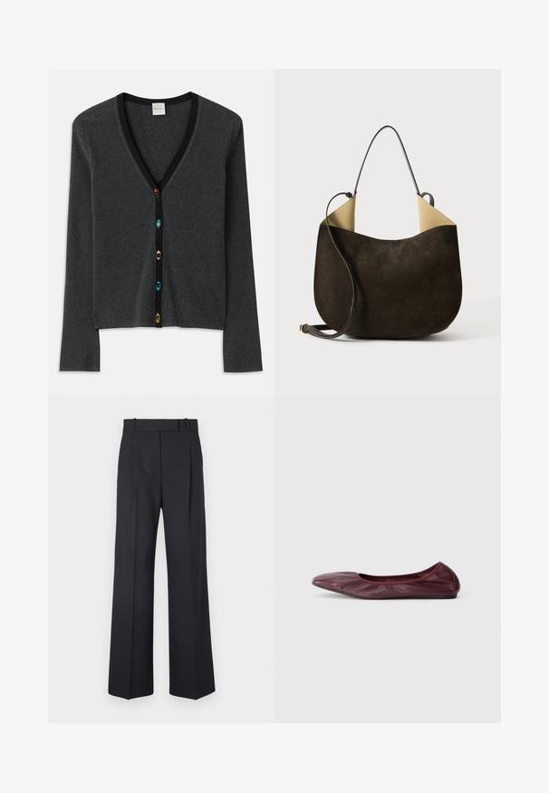 Cardigan gris acanalado con un profundo escote en V, mangas largas y ribetes negros. Presenta botones de forma de flor coloridos a lo largo del frente.; Top de punto acanalado gris de manga larga, con escote redondo, silueta ajustada, textura suave, sin logotipos ni adornos visibles.; Pantalones oscuros de rayas con un diseño de cintura alta y pierna ancha, sin hardware o adornos visibles. Textura suave y ajuste entallado.; Bailarina en cuero burdeos profundo, con punta redondeada, borde elástico y textura suave con un sutil detalle de pliegues.; Bolso de mano de ante marrón oscuro con una textura suave, un diseño minimalista y un interior de color claro en contraste. Presenta una correa larga de cuero.