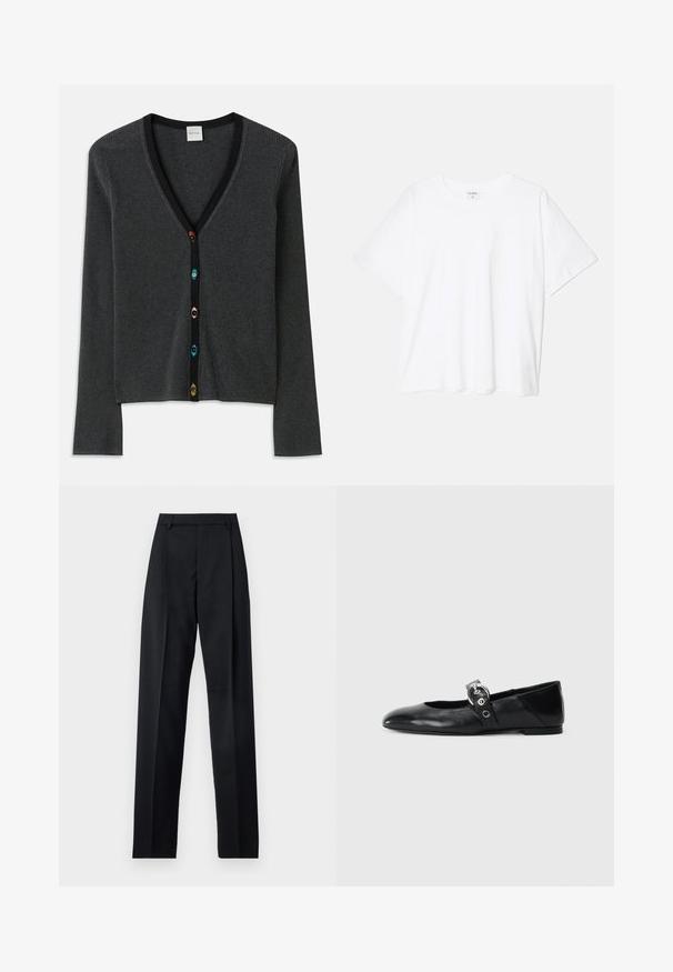 Sivi rebrasti kardigan s dubokim V izrezom, dugim rukavima i crnim obrubom. Ima šarene dugmadi u obliku cvijeća duž prednje strane.; Bijela pamučna majica s kratkim rukavima, okruglim izrezom, opuštenim krojem i šivenim rubom. Etiketa je vidljiva na unutarnjoj strani vrata.; Crne hlače od glatkog materijala s visokim strukom, širokim nogavicama, prednjim pregibima i klasičnim petljama za remen. Nema vidljivih bočnih džepova.; Crne kožne baletanke s špicastim nosom, s remenom s okruglom metalnom kopčom i ravnim potplatom.