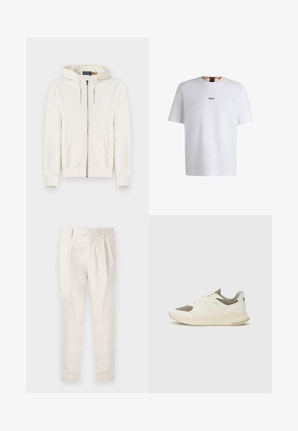 Krèmfarga, heile zip-hættutrøye við frampokum, dreggsloppi og ribbaðum mansettum, liggjandi flatur á hvíta bakgrund.; Hvit bomulls T-skjorte med korte ermer, med en svart "BOSS" logo sentrert på brystet og rund halsdesign.; Hvite, pregede bukser med skreddersydd passform, som har en jevn tekstur, beltehemper og avsmalnende ben. Ingen synlige lommer eller mønstre.; Hvit og lysebeige treningssko, med en mesh-overdel, perforerte detaljer og en teksturert mellomsåle med merkevare på hælen.