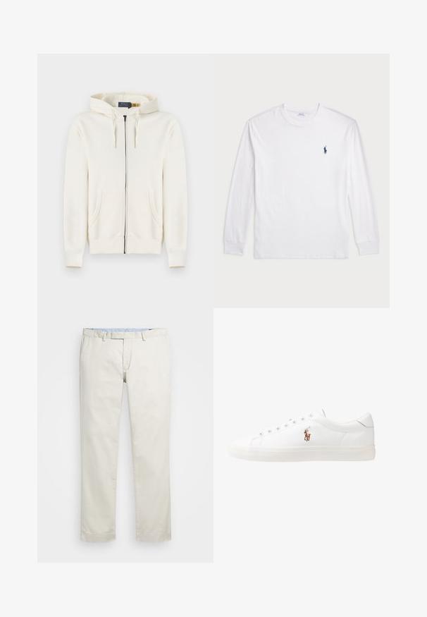 Moleton creme, com fecho completo, com bolsos frontais, capuz com cordão e punhos canelados, disposto sobre um fundo branco.; Camisola de manga longa branca feita de algodão. Apresenta um decote redondo, punhos canelados e um pequeno logótipo de polo azul-marinho no lado esquerdo do peito.; Chinos de algodão bege com frente plana, passantes para cinto e bolsos laterais. Design de perna reta com uma textura suave e uma sensação leve e respirável.; Sapatilhas de couro brancas, design de cano baixo, com textura suave, biqueira redonda, atacadores à frente e um pequeno logótipo bordado na lateral.