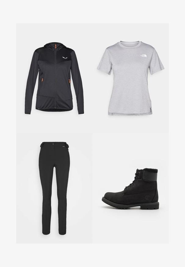 Fekete sportos dzseki kapucnival, textúrált anyagból, cipzáros záródással, narancssárga részletekkel és logóval a bal felső részen. Oldalsó zsebekkel rendelkezik.; Szürke, rövid ujjú póló, puha, nedvességet elvezető anyagból készült. Kerek nyakú, és egy kis fehér logó található a bal felső részen.; Fekete, testhezálló nadrág rugalmas anyagból. Jellemzők: cipzáras oldalzseb, artikulált térdek és sima felület.; Fekete bőr bokacsizma kerek orral, fűzős elülső résszel, műszőrme gallérral és gumitalppal. Oldalán márkás logó található.