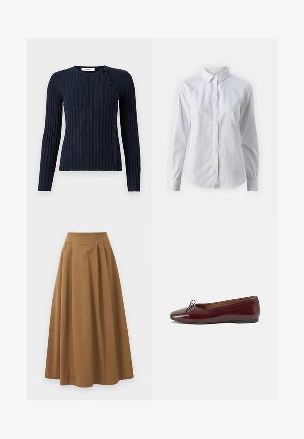 Navy ribbed long-sleeve sweater with a round neckline and button closure on the left side. Made from a soft knit material.; White button-up shirt made of smooth cotton, featuring a classic collar, long sleeves, and a curved hem. Buttons are small and white.; Brown cotton A-line skirt with a high waist, featuring pleats down the front and a smooth texture. Hem finishes are clean and simple.; Burgundy patent leather ballet flat with a rounded toe, small bow accent at the front, and a low, black rubber sole. Smooth texture.