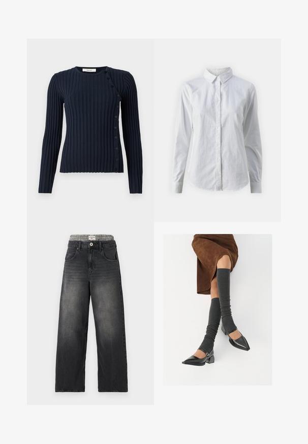 Pullover azul-marinho de malha canelada com mangas longas, decote redondo e fecho de botão no lado esquerdo. Feito de um material de malha macia.; Camisa branca de botão feita de algodão suave, com colarinho clássico, mangas longas e bainha curva. Os botões são pequenos e brancos.; Jeans de ganga largos pretos com uma cintura em padrão pied-de-poule. Inclui bolsos frontais e fecho de botão. Textura desgastada.; Sapatos pretos de pele lacada com biqueira pontuda, salto bloco e tiras no tornozelo, combinados com caneleiras cinzas em malha e uma saia de camurça castanha.