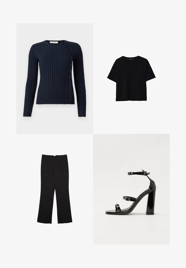 Navyblauer, gerippter Pullover mit langen Ärmeln, Rundhalsausschnitt und Knopfverschluss auf der linken Seite. Hergestellt aus einem weichen Strickmaterial.; Schwarzes, kurzärmeliges, bauchfreies T-Shirt mit rundem Halsausschnitt und einfachem Design, flach auf weißem Hintergrund liegend.; Schwarze Hose mit geradem Schnitt, ausgestattet mit Fronttaschen und Seitenschlitzen am Saum. Hergestellt aus weichem, glattem Stoff. Geeignet für verschiedene Anlässe.; Schwarze Lackleder-Sandalen mit hohen Absätzen, zwei Riemen mit Schnallen, quadratischer Zehenpartie und klobigem Blockabsatz, mit einer glatten, glänzenden Textur.