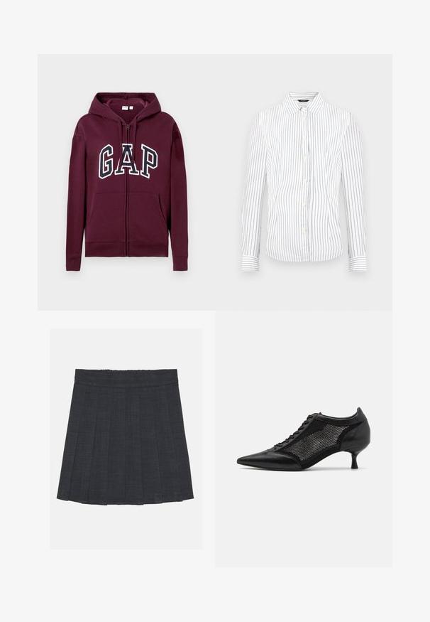 Bordeaux rode zip-up hoodie met voorzakken en het 'GAP' logo in grote witte en marineblauwe letters over de borst, met een verstelbare capuchon.; Witte lange mouw knop-up overhemd met dunne verticale zwarte strepen en een puntige kraag.; Donkergrijze plisséstofrok met een elastische tailleband, gekenmerkt door een gestructureerde stof en een klassieke A-lijnsilhouet. Geschikt voor casual gebruik.; Zwarte schoen met spitse neus en een ontwerp met gaaspanelen, voorzien van een lage hak en vetersluiting. Gemaakt van een combinatie van leer en gaasmateriaal.