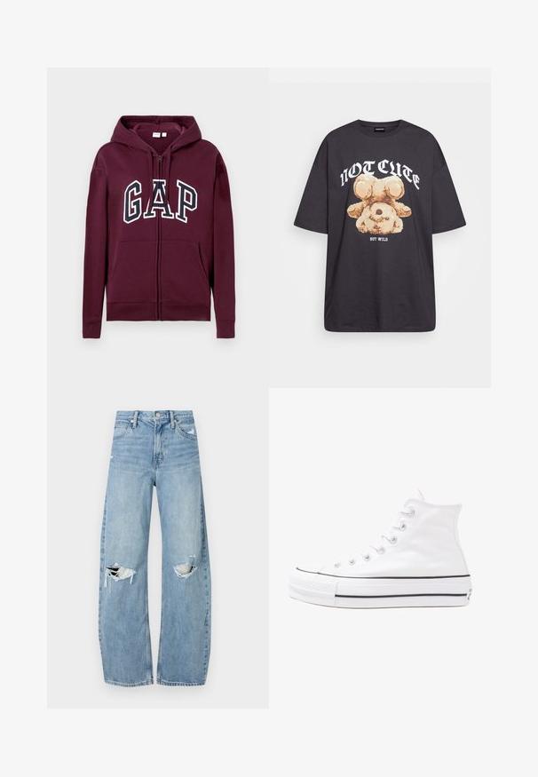 Weinrot zip-up Kapuzenpullover mit Fronttaschen und großem "GAP"-Logo in weißen und marineblauen Buchstaben über der Brust, mit verstellbarer Kapuze.; Schwarzes, übergroßes T-Shirt mit einem Grafikdruck eines Bären und dem Text "NICHT SÜß, SONDERN WILD" in fetter, weißer Schrift. Baumwollmaterial.; Helles, hochtailliertes Jeans aus Denim. Hat weit geschnittene Beine, zwei aufgerissene Kniebereiche und klassischen Fünf-Taschen-Stil.; Weiße hochwertige Leinensneaker mit schwarzer Gummisohle, vorderem Gummizehenschutz und sechs Ösen für Schnürsenkel, die ein sauberes, minimalistisches Design aufweisen.