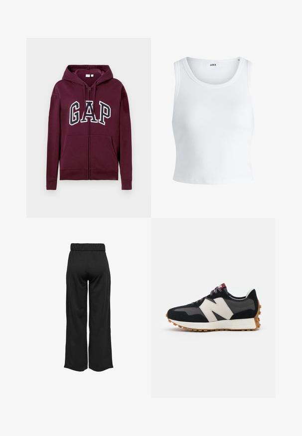 Bordeaux rode zip-up hoodie met voorzakken en het 'GAP' logo in grote witte en marineblauwe letters over de borst, met een verstelbare capuchon.; Witte geribbelde tanktop met een ronde hals, zonder mouwen en een cropped lengte. Label draagt "JJXX." Gladde stoftextuur.; Zwarte, wijde broek met een elastische tailleband, gemaakt van gladde stof. Heeft een strakke uitstraling zonder zakken of zichtbare stikseldetails.; Zwarte en grijze suède sneaker met een groot crèmekleurig "N"-logo, paarse veters en een gestructureerde rubberen zool van gum.