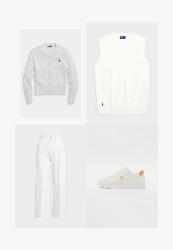 Hvit strikket cardigan med kabelstrikkmønster, rund hals, og knappestolpe, med ribbet kant nederst og på ermene. Liten logo på brystet.; Hvit ermeløs genser laget av glatt bomull, med ribbestrikket kant og en liten marineblå logo nederst til venstre. Enkelt design, ingen mønstre.; Hvite vidde bukser med høy midje, med knappelukking og subtile sømdetaljer. Laget av bomull med en glatt tekstur.; Hvite lærersneakers med en jevn tekstur, hvite lisser, gulldetalj på hælen og en subtil logo på siden. Flat gummisåle.