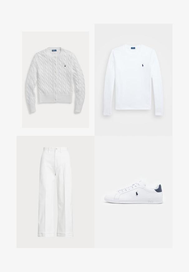 Cardigã branco em malha com padrão de tranças, decote redondo e fecho de botões, com bainha e punhos canelados. Pequeno logótipo no peito.; Camisa de manga longa branca, em material de algodão, com decote redondo, apresentando um pequeno logótipo azul-marinho no lado esquerdo do peito. Design simples, ajuste regular.; Calças brancas de perna larga com uma cintura alta, apresentando um fecho de botão e detalhes de costura discreta. Feitas de algodão com uma textura suave.; Tenis brancos de couro com um acabamento suave, detalhes em azul marinho e um pequeno logotipo na lateral. Possui atacadores planos e sola de borracha texturizada.