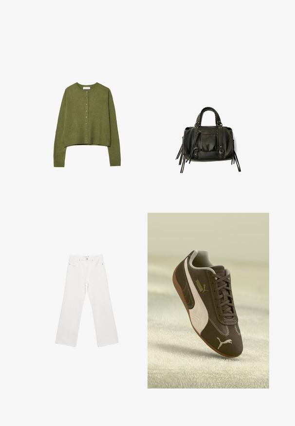 Oliwkowy, długi sweter z dzianiny z okrągłym dekoltem i zapięciem na guziki z przodu, skrocony krój, prążkowane mankiety i pas.; Biała bawełniana koszulka z centralnym wzorem w kształcie gwiazdy zdobionym kryształkami, krótki rękaw, okrągły dekolt. Miękka tekstura, luźny krój.; Białe dżinsowe spodnie o szerokich nogawkach z klasycznym pięciokomorowym wzorem, metalowymi elementami oraz kontrastowymi przeszyciami. Gładka faktura i luźny krój.; Brązowe sneakersy Puma z beżowym paskiem i logo, sznurowane, spoczywające na teksturowanej beżowej powierzchni.; Czarna skórzana torebka z plecionymi uchwytami, kieszenią na zamek i zawieszkami. Teksturowana powierzchnia z metalowymi ćwiekami i akcentami ze stali.; Bransoletka w kolorze złotym o gładkiej powierzchni z teksturowanym wnętrzem. Charakteryzuje się szerokim, zaokrąglonym kształtem z otwartym wycięciem z jednej strony.