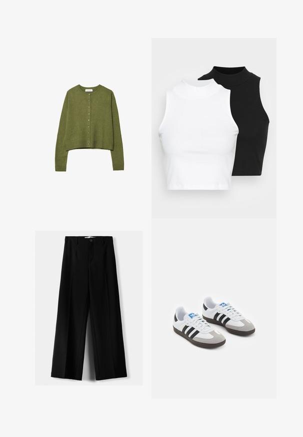 Cardigan a maglia verde oliva, a maniche lunghe, con scollo tondo e chiusura frontale con bottoni, orlo corto, polsini e vita a costine.; Due top in maglia senza maniche, a collo alto, in nero e bianco, con un design aderente e una superficie liscia, di lunghezza cropped.; Pantaloni neri a gamba larga realizzati in tessuto leggero, caratterizzati da una chiusura frontale con bottone e frontale piatto, con orli cuciti con precisione.; Scarpe sportive con tomaia in pelle bianca, punta in suede grigia e tre strisce nere. Presentano un logo blu sulla linguetta e una suola in gomma testurizzata.
