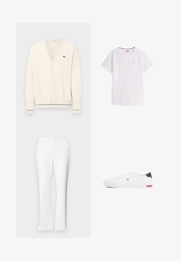 Cream-colored cardigan with a v-neck, button closure, and ribbed cuffs featuring green stripes. Small logo accent on the chest.; White short-sleeve crew neck T-shirt with small Tommy Hilfiger logo on chest and red, white, and blue trim inside collar.; White cotton trousers with a straight-leg design, front pockets, a single button closure, and a smooth texture.; White low-top sneakers made of smooth leather. Features a navy heel cap and a red accent on the sole. Six eyelets for laces.