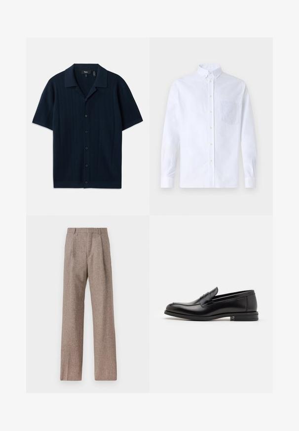 Polo majica s kratkimi rokavi v morsko modri barvi z teksturiranim vzorcem, z gumbastim zapiranjem spredaj in ravnim ovratnikom. Narejena iz lahkega materiala.; Bela dolgo rukava srajca s kragnico, izdelana iz bombaža, z žepom na prsih in toniranimi vezeninami ter gumbi na manšetah.; Rjave hlače z visokim pasom, izdelane iz teksturirane tkanine. Imajo široke noge in dve sprednji pregibi za strukturo. Urejen zaključek brez vidne strojne opreme.; Črne usnjene loafer čevlje z gladko teksturo, zaobljenim nosom in dekorativnim trakom čez zgornji del. Nizka zložena peta, minimalističen dizajn.