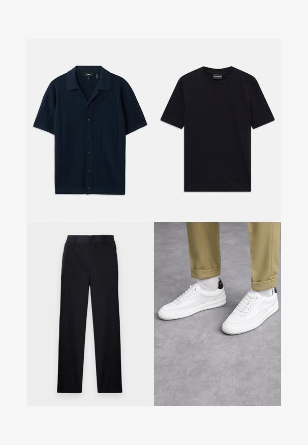 Poloko s krátkým rukávem v námořnické modři s texturovaným vzorem, zapínáním na knoflíky a klasickým límečkem. Vyrobeno z lehkého materiálu.; Černé tričko s krátkým rukávem a kulatým výstřihem s jemným raženým vzorem a štítkem značky uvnitř límce, položené na bílém pozadí.; Černé kalhoty s lehkým, strukturovaným materiálem, rovnými nohavicemi, elastickým pasem a postranními zipovými kapsami.; Bílé tenisky s texturovaným koženým povrchem, zaoblenou špičkou a černým akcentem na patě. Gumová podrážka s malým vzorem a šitými detaily.
