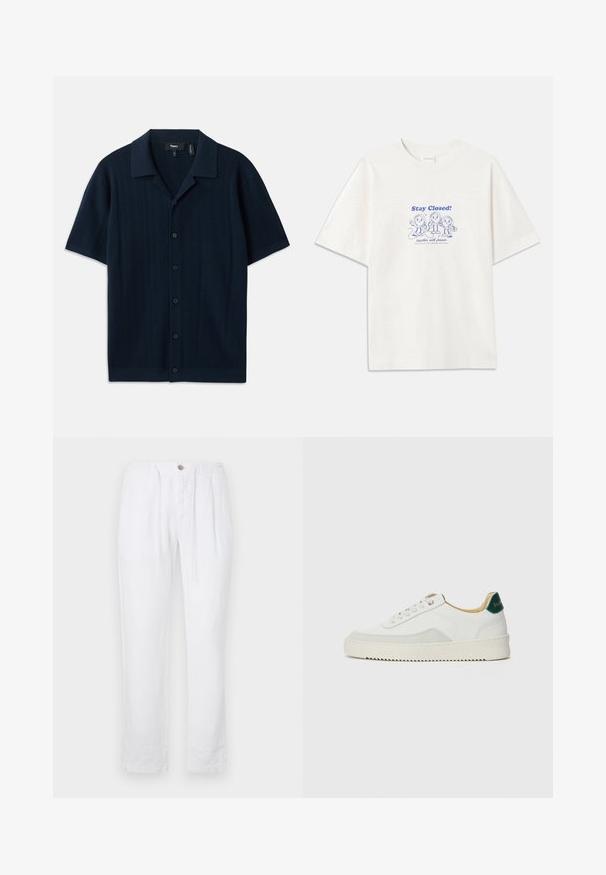 Pólo azul-marinho de manga curta com um padrão texturizado, frente com botões e colarinho plano. Feito de um tecido leve.; CLOSED PRINTED - T-shirt estampada - ivory; CLOSED VIGO TAPERED - Calças - white; Tênis brancos com detalhes em camurça, bico arredondado, atacadores planos e sola de borracha creme. Apresenta uma marcação verde no calcanhar.