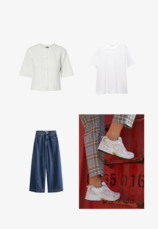 Biely krátky cardigan s krátkym rukávom, okrúhlym výstrihom, ryhovanou textúrou a zapínaním na päť gombíkov; mäkký materiál s voľným strihom.; Jednoduché biele tričko vyrobené z bavlny s okrúhlym výstrihom, krátkymi rukávmi a voľným strihom. Hladká textura bez vzorov alebo akcentov.; Džíny s širokými nohavicami v tmavomodrej farbe. Vyrobené z odolnej bavlny, s vysokým pásom, prednými vreckami a rovnými, skrátenými okrajmi so zjavnými stehnami.; Biele sieťkové tenisky so striebornými detailmi a textúrovanou podrážkou, umiestnené na červenom povrchu, v kombinácii s károvanými nohavicami.