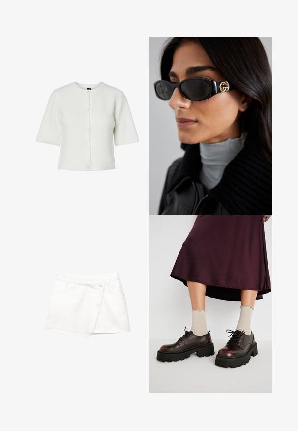 Biały kardigan z krótkim rękawem, okrągłym dekoltem, żebrowaną fakturą i zapięciem na pięć guzików; miękka tkanina o luźnym kroju.; Brązowa polo z długim rękawem, z poziomymi białymi paskami, kontrastowym białym kołnierzykiem i zapięciem na trzy guziki. Miękka faktura materiału.; Biała dżinsowa mini spódnica z fasonem w kopertę, z zapięciem na guziki z przodu, dwoma bocznymi kieszeniami oraz gładkim teksturowanym materiałem.; Brązowe skórzane buty na platformie z masywnymi czarnymi podeszwami, w zestawieniu z prążkowanymi beżowymi skarpetkami z falbaniastymi brzegami, na stonowanym tle.; Czarne okulary przeciwsłoneczne o eleganckim, prostokątnym kształcie z logo w kolorze złotym na boku. Ciemne soczewki i błyszczące wykończenie są wyraźnie widoczne.; Czarna pikowana skórzana torba na ramię z złotą łańcuszkową rączką i detalem logo. Prostokątny kształt, gładka tekstura, z klapką na zamek.