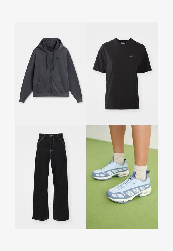Dunkelgrauer Zip-Hoodie aus Baumwollmischung, mit Kapuze, Fronttaschen und gerippten Bündchen. Kleines Logo auf der linken Brust.; Schwarzes Baumwoll-T-Shirt mit Rundhalsausschnitt, kurzen Ärmeln und einem kleinen herzförmigen Logo in der oberen linken Ecke. Glatte Textur, lockere Passform.; Schwarze weit geschnittene Jeans aus Denim, mit kontrastierenden weißen Nähten und einem vorderen Knopfverschluss, ausgestattet mit zwei schrägen Fronttaschen.; Hellblaue Sportschuhe mit weißen Akzenten, strukturierten Bereichen und einem Reißverschluss. Sie verfügen über eine sichtbare Luftpolster-Sohle und eine Gummisohle.